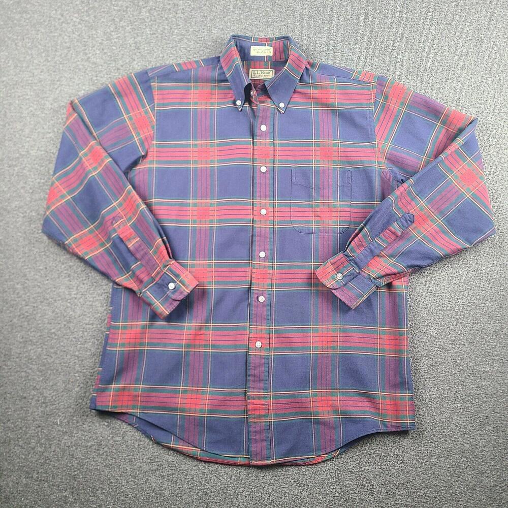 Vtg LL Bean Button Down Shirt Size XL Made in USA (16-35) Plaid Navy Red